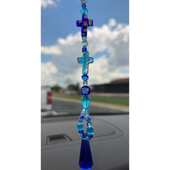 Beaded Suncatcher Rearview Mirror Ornament Cross Blue Crystal Prism Car Charm - Picture 2 of 9